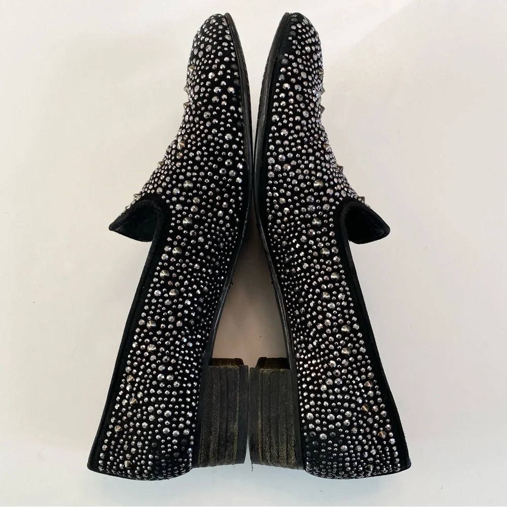 Stuart Weitzman Slipbead Studded Stud Loafer Smoking Slipper Black Silver Sz 8